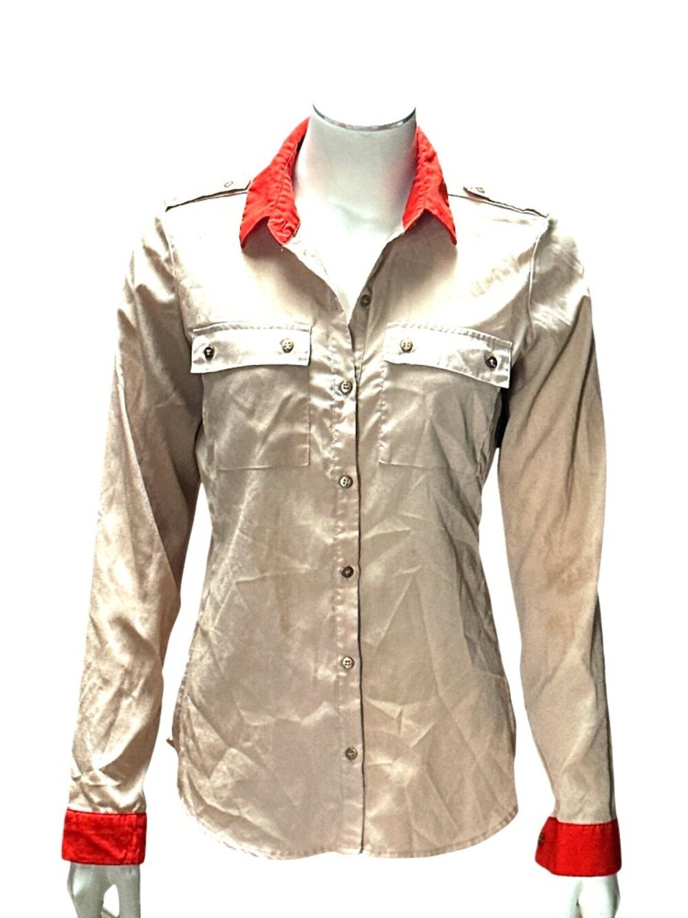 New York Company Size XS Brown Red Satin Button Down Shirt Military Chic Y2K Top